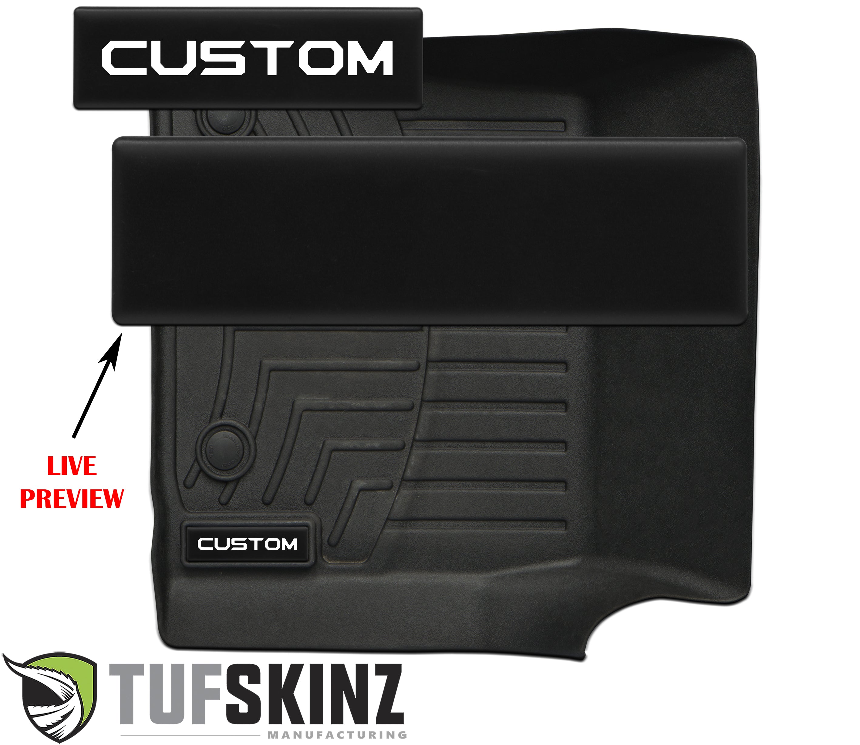 Custom black all-weather floor mat for trucks and SUVs with molded texture and Tufskinz logo.