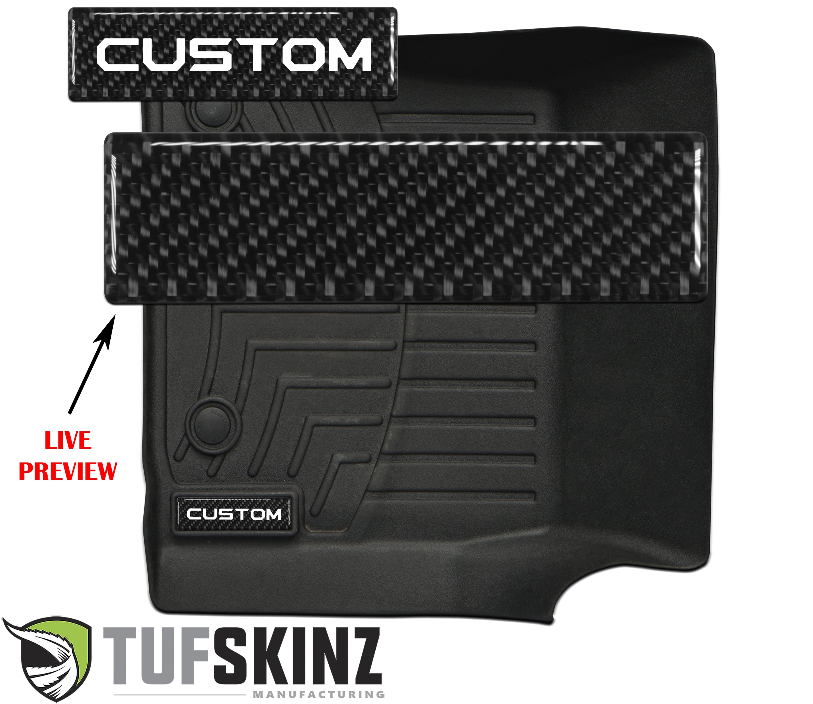 Custom fit black vehicle floor mat with carbon fiber accent and TufSkinz logo, ideal for overlanding