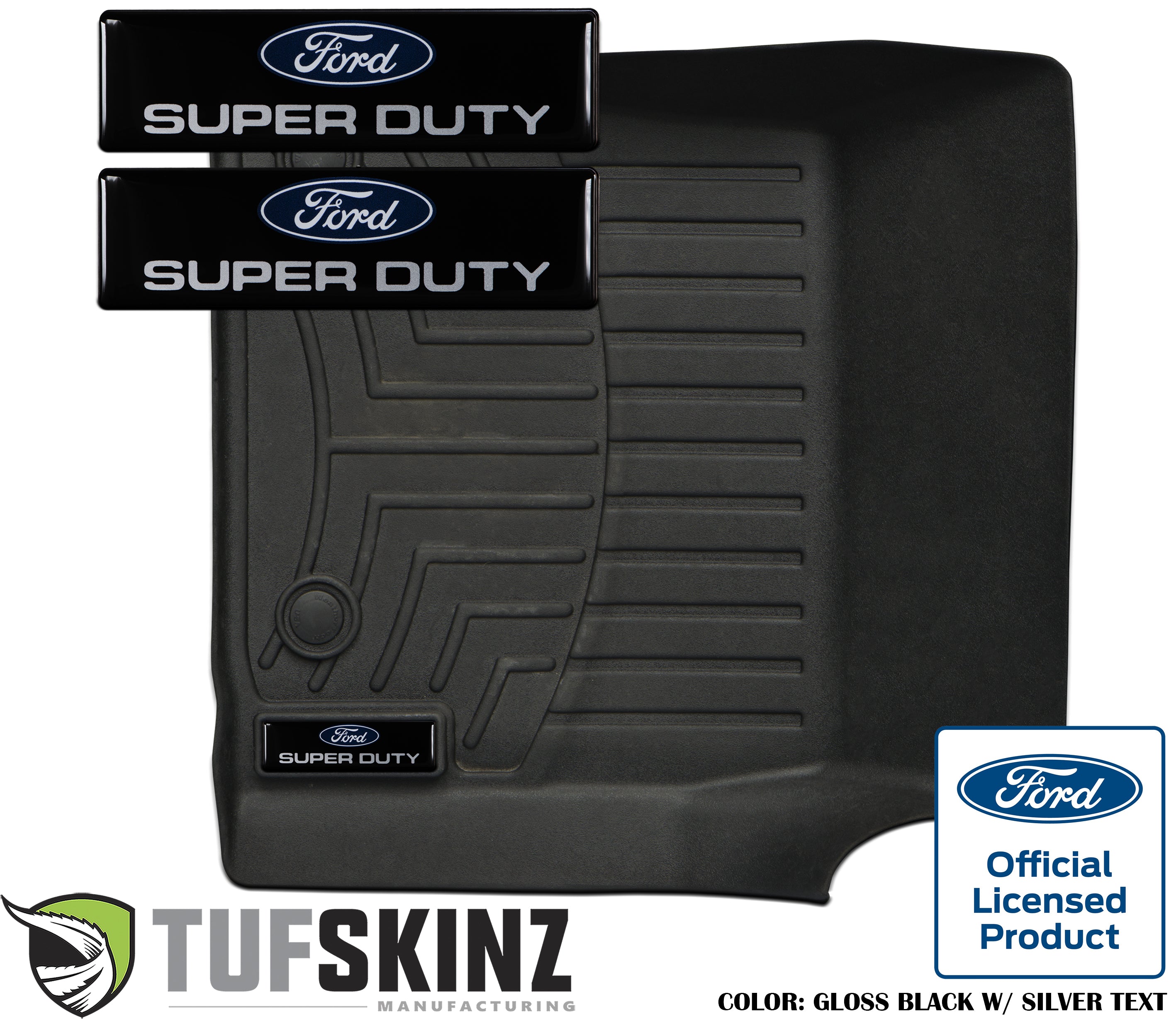 Black floor mat with Ford Super Duty badge, Tufskinz logo, and official licensed product emblem