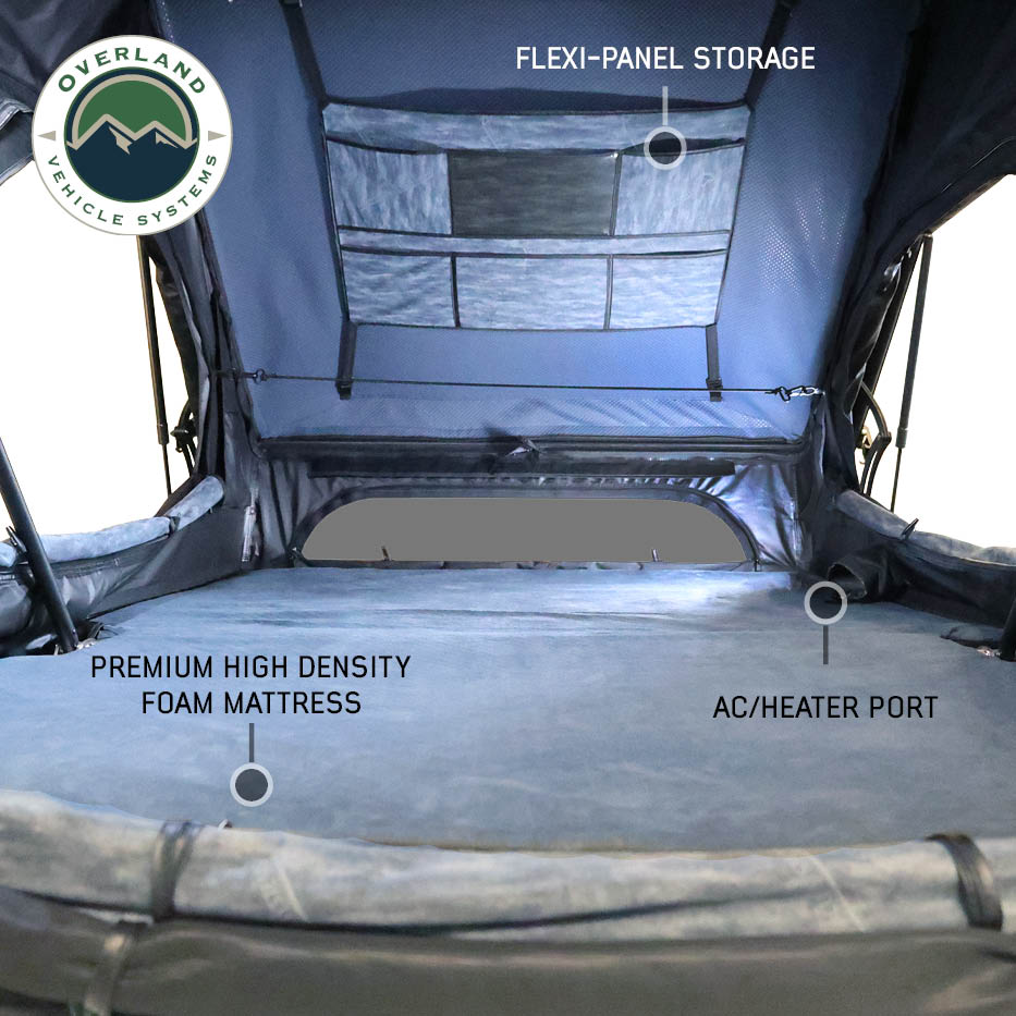 Overland Vehicle Systems XD Atlas cantilever hard shell roof top tent, blue body and black rainfly - view 2