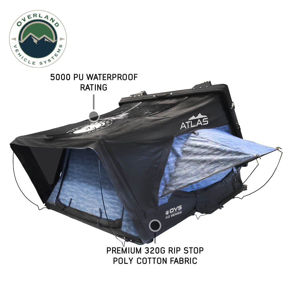 Overland Vehicle Systems XD Atlas cantilever hard shell roof top tent, blue body and black rainfly - view 3