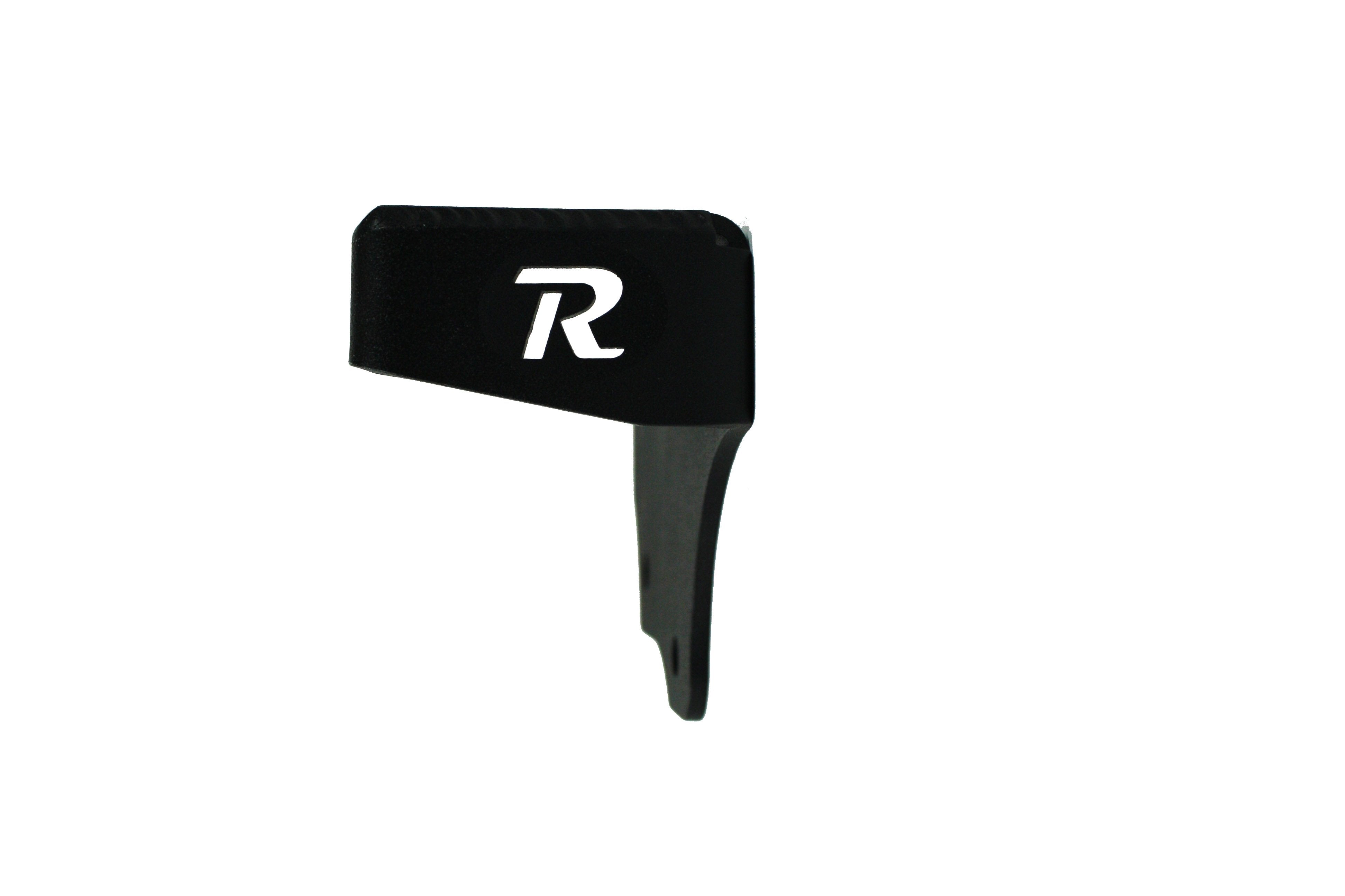 Black metal vehicle accessory part with R logo, isolated on white background