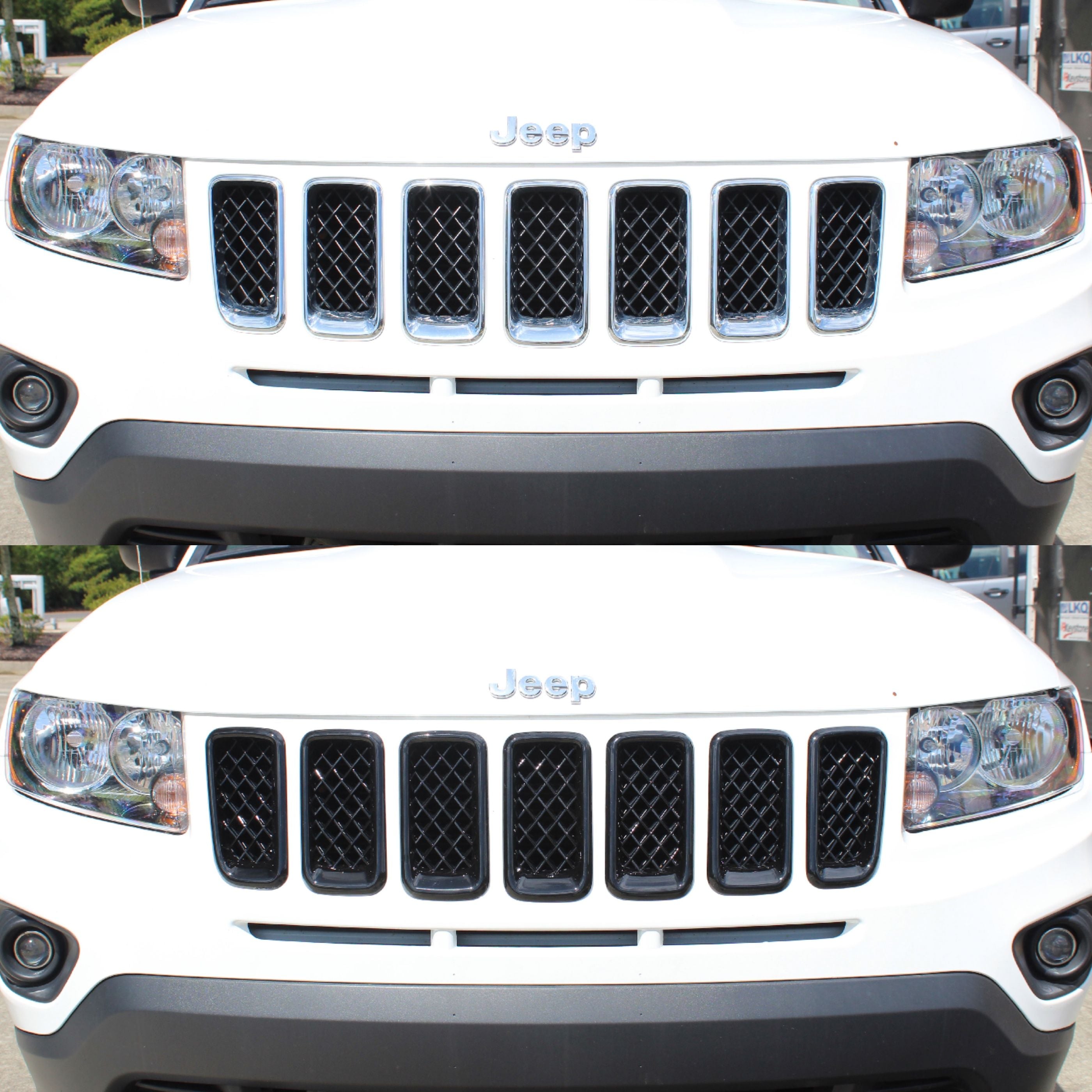 ABS6422BLK 11-17 Jeep Compass 7 PCS Gloss Black Tape-on Grille Overlay