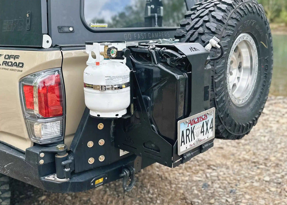 backwoods-dual-jerry-can-holder-mount-installed-with-propane-tank - NVMOS