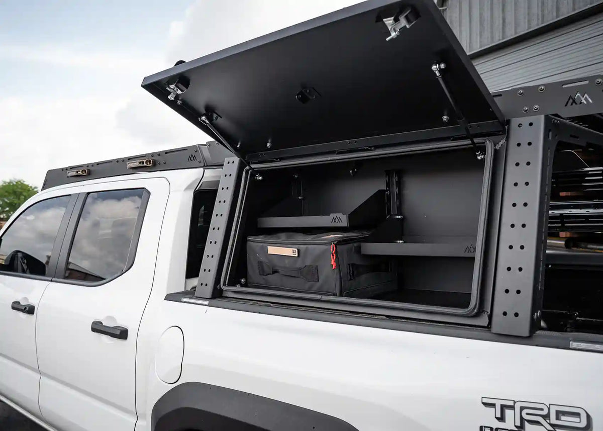 backwoods-toyota-tacoma-overland-bed-rack-cargo-box-open - NVMOS