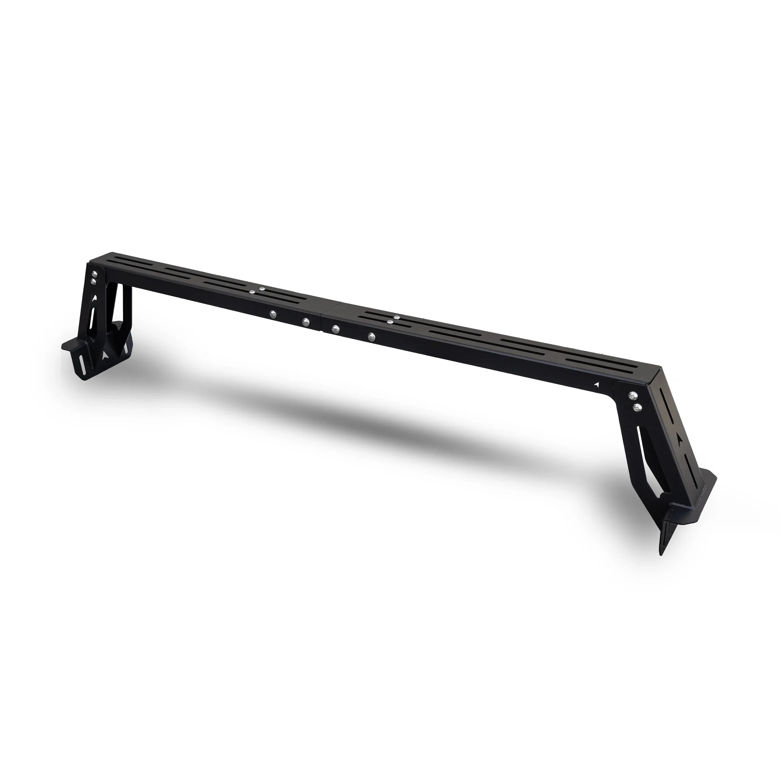 Black metal bed rack crossbar for truck, compatible with overlanding gear