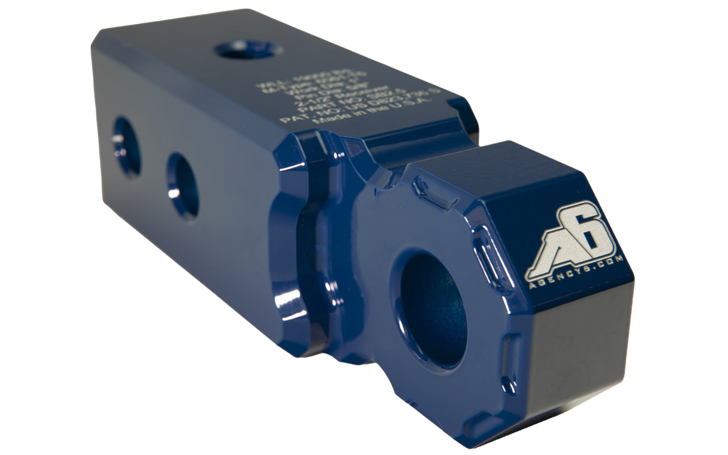 Blue aluminum winch shackle mount with Agency 6 logo for off-road vehicle recovery