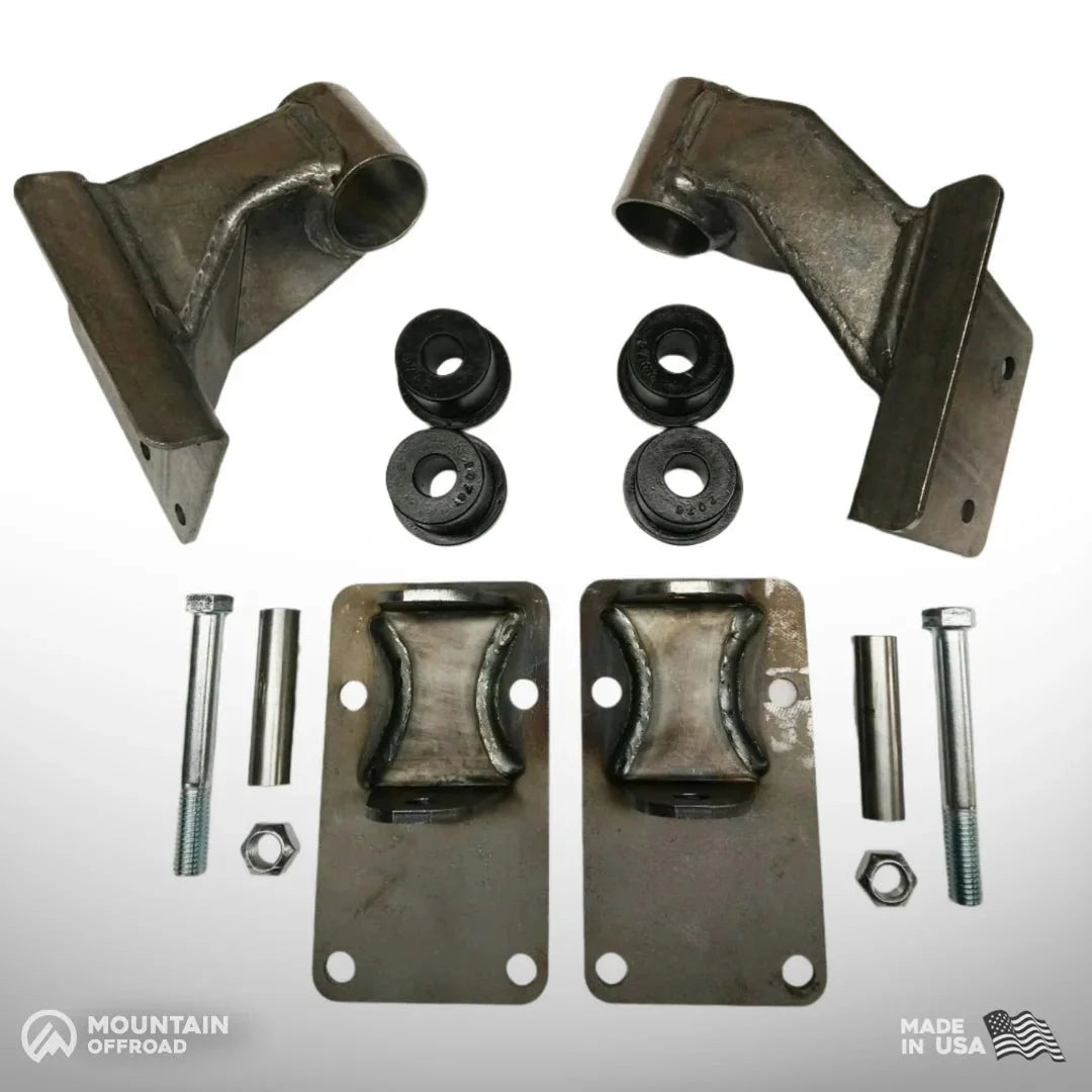 Chevy LS Gen III IV motor mount conversion kit with brackets, bushings, and hardware for Jeep CJ 1972-86