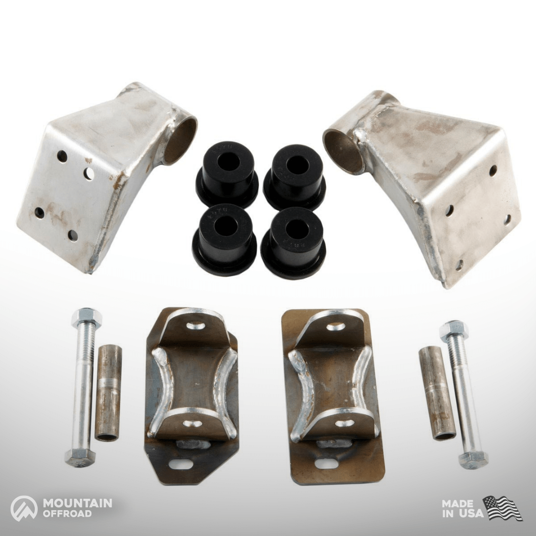 Jeep CJ motor mount kit with steel brackets, bushings, and hardware for AMC 6-cylinder engine.