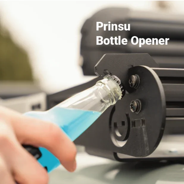 Prinsu roof rack mounted bottle opener removing cap from glass bottle outdoors