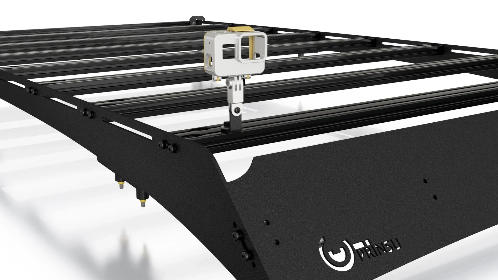Camera mounting bracket installed on black modular roof rack for overlanding vehicles