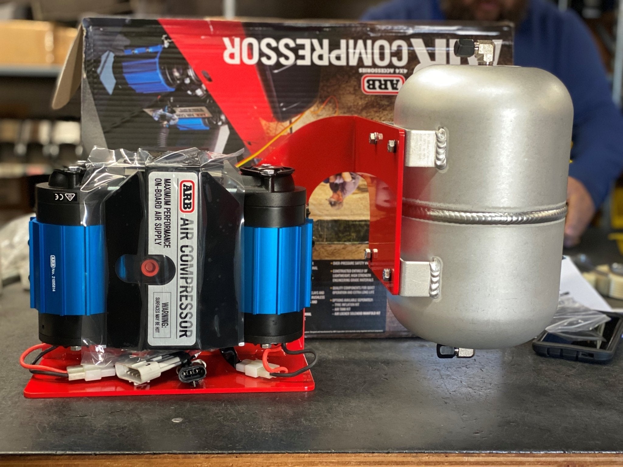 ARB twin air compressor and 1-gallon tank with mounting bracket for truck or SUV