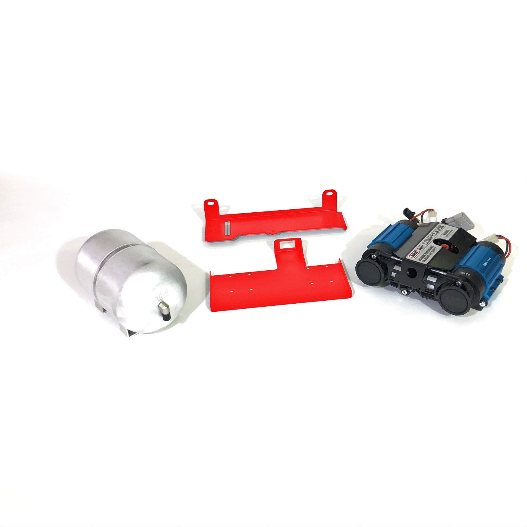 Jeep Wrangler JK air compressor kit with tank, red mounting brackets, and compressor parts