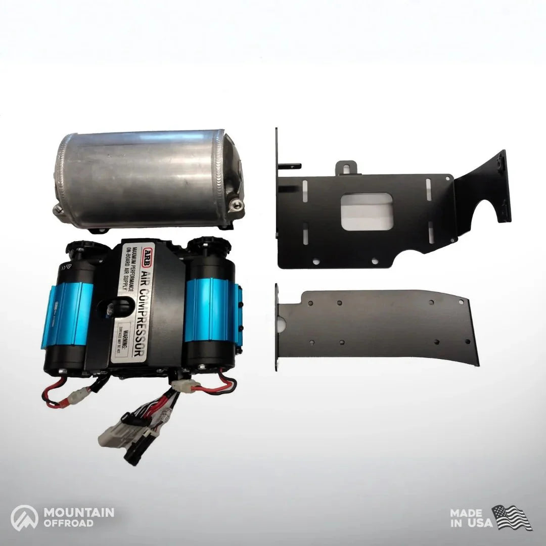 ARB air compressor, 1-gallon air tank, and black mounting brackets for Toyota Tacoma