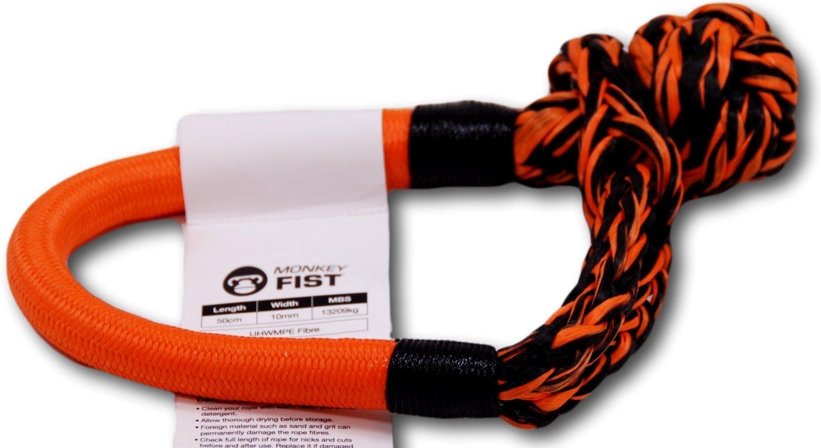 Orange and black synthetic soft shackle for off-road vehicle recovery, braided design