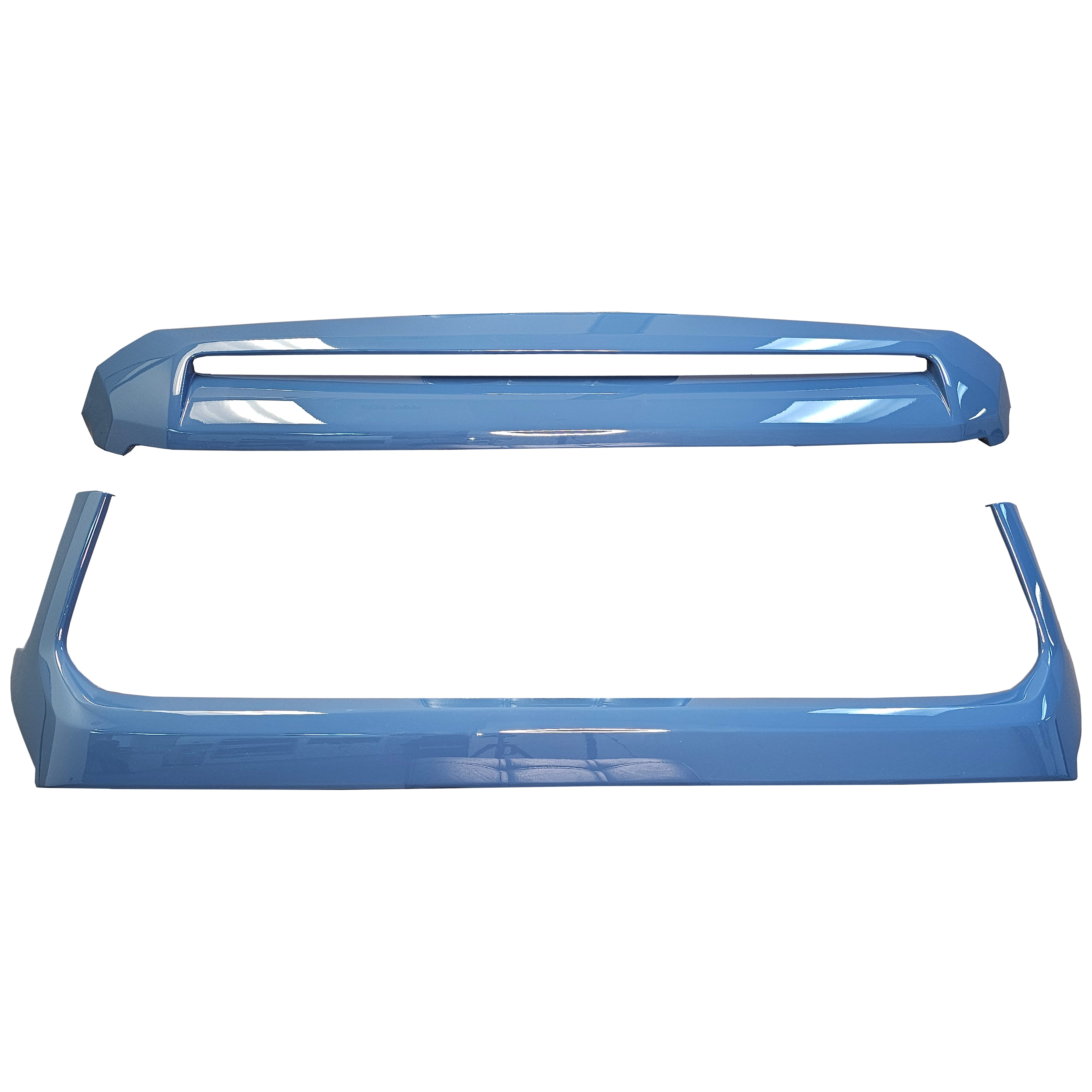 Close-up view of the Cavalry Blue (Color Code: 8W2) BumperShellz overlay, custom-designed for the grille surround and hood bulge of a 2014-2021 Toyota Tundra.