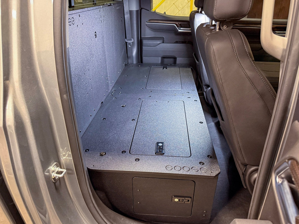 Goose Gear second-row seat delete plate system for Silverado and Sierra Double Cab