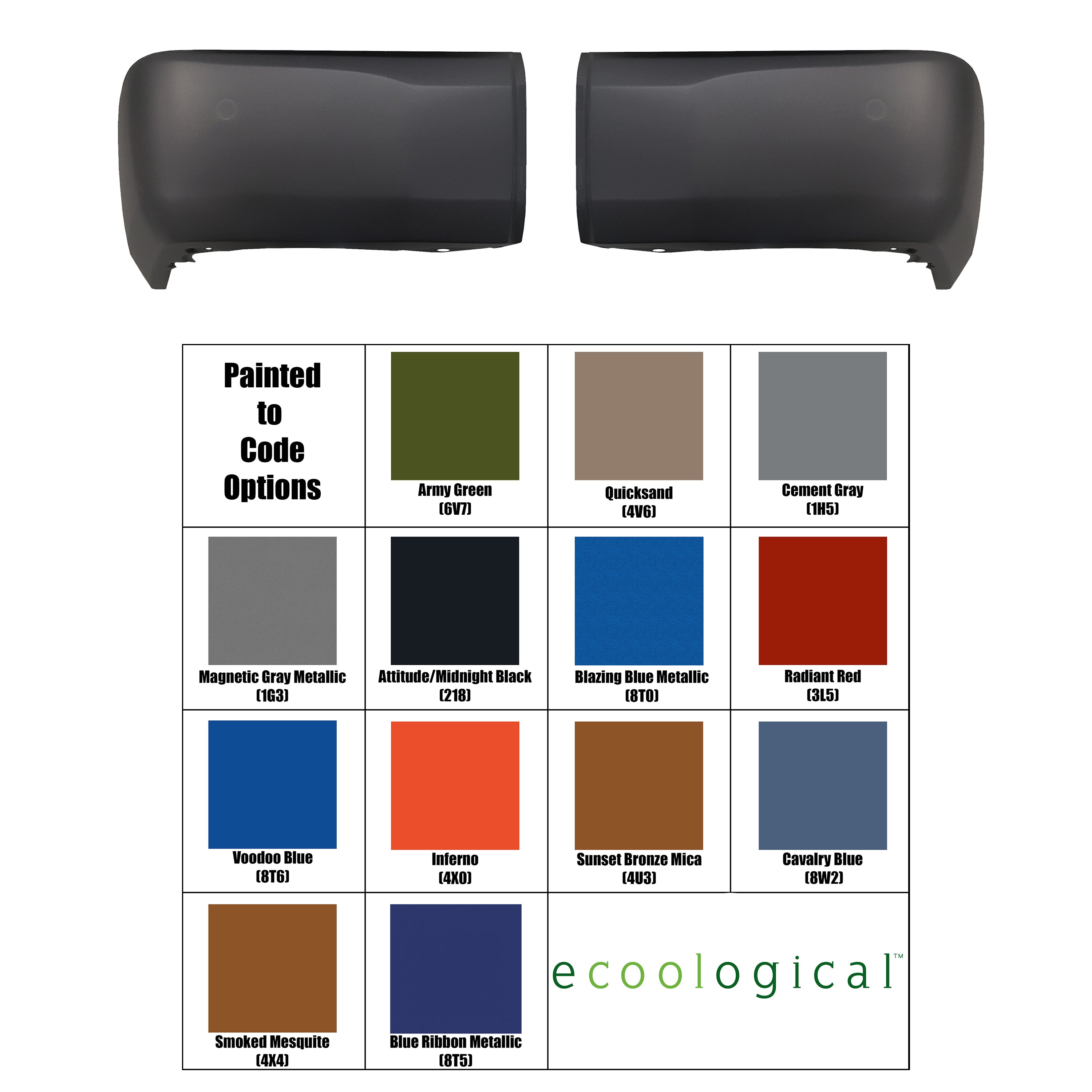 A set of rear bumper caps for a Toyota Tundra, shown with a chart displaying various "Painted to Code" color options. The color options include Army Green, Quicksand, Cement Gray, Magnetic Gray Metallic, Attitude/Midnight Black, Blazing Blue Metallic, Radiant Red, Voodoo Blue, Inferno, Sunset Bronze Mica, Cavalry Blue, Smoked Mesquite, and Blue Ribbon Metallic.