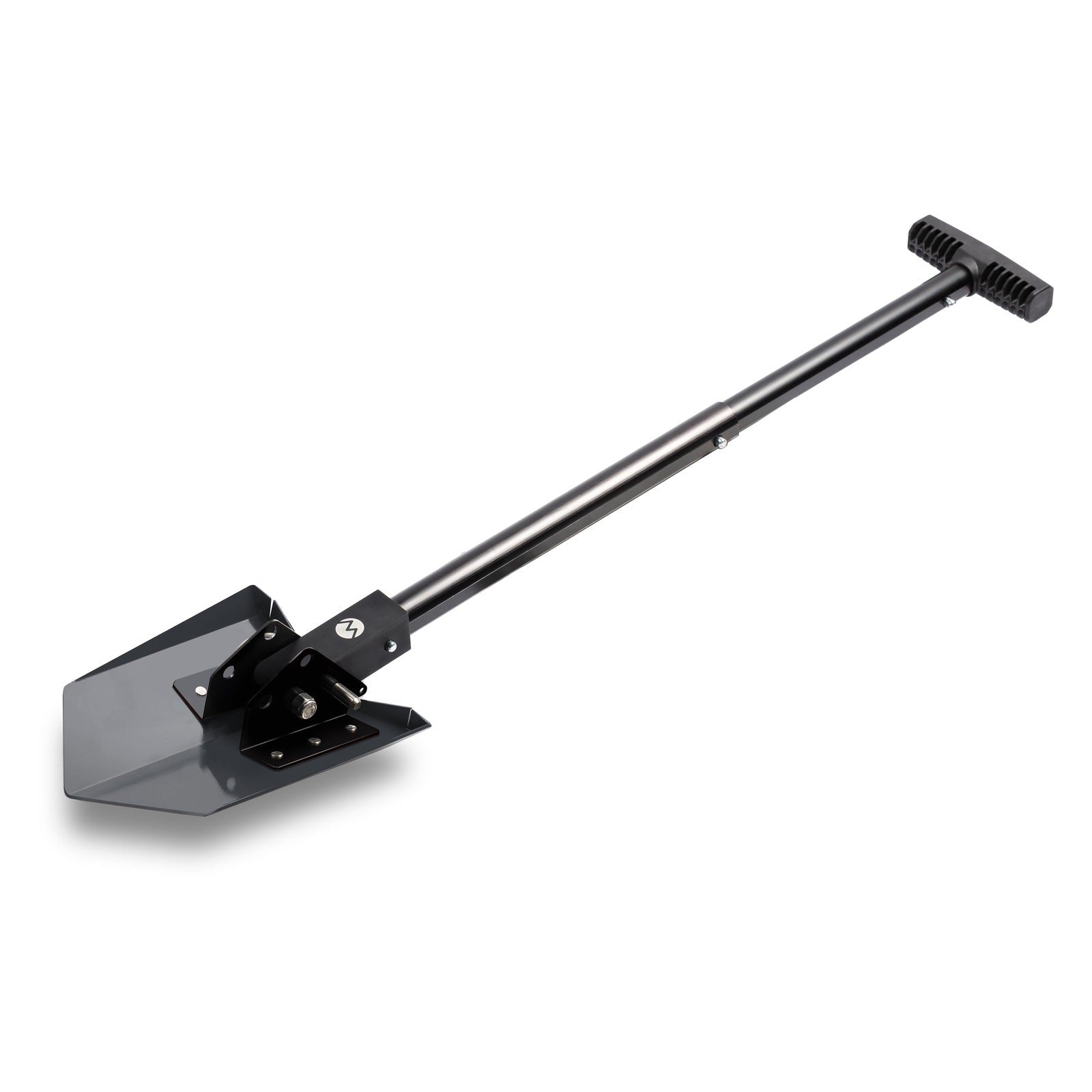 Compact gray metal adventure shovel with T-grip handle for overlanding or camping