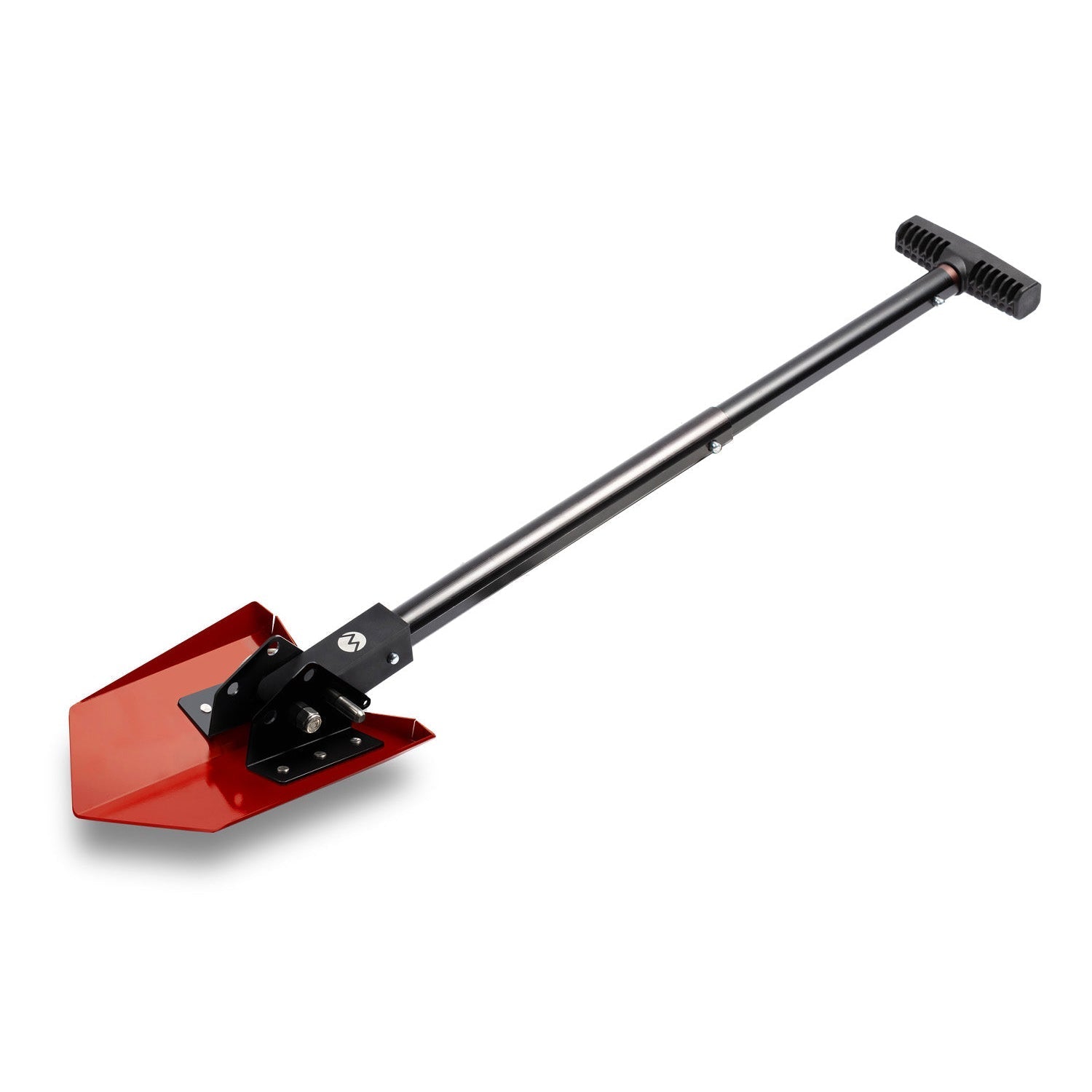 Compact red overlanding shovel with black handle for camping and off-road vehicle gear