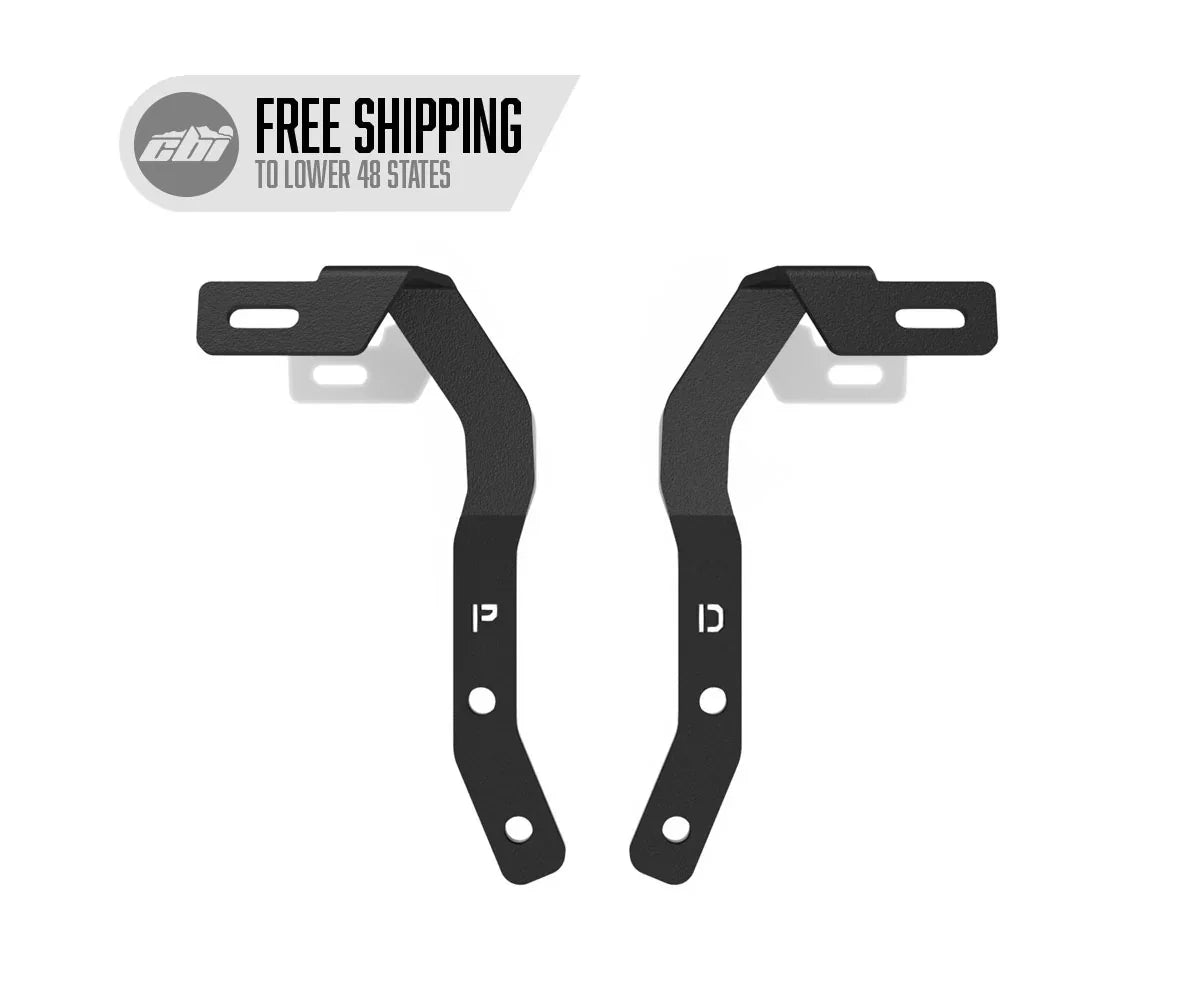 Pair of black metal overland vehicle accessory mounting brackets with cutout holes