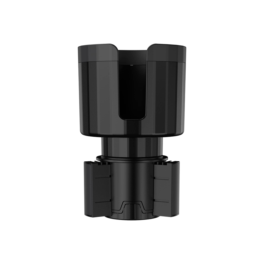 Black adjustable cup holder mount for overlanding vehicles and off-road gear