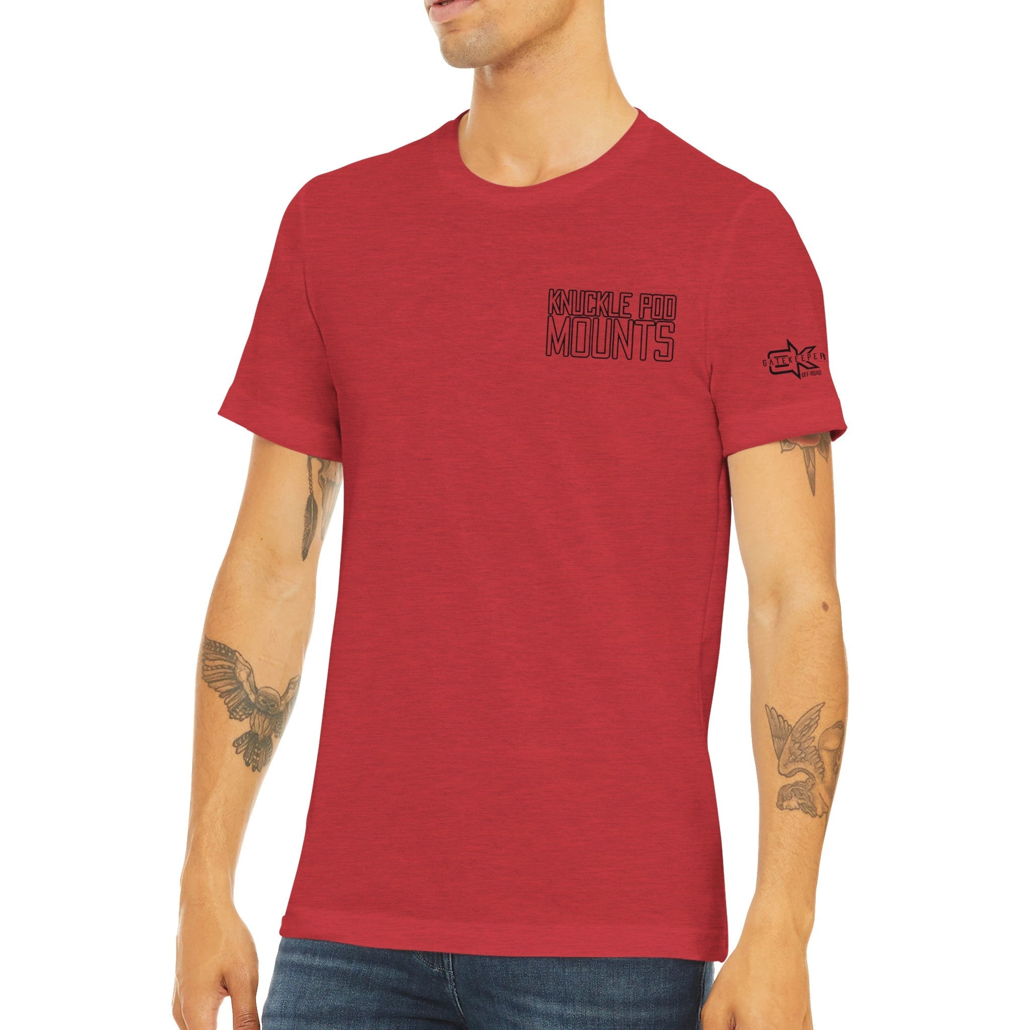 Man wearing red Knuckle Pod Mounts t-shirt with black logo and sleeve graphic