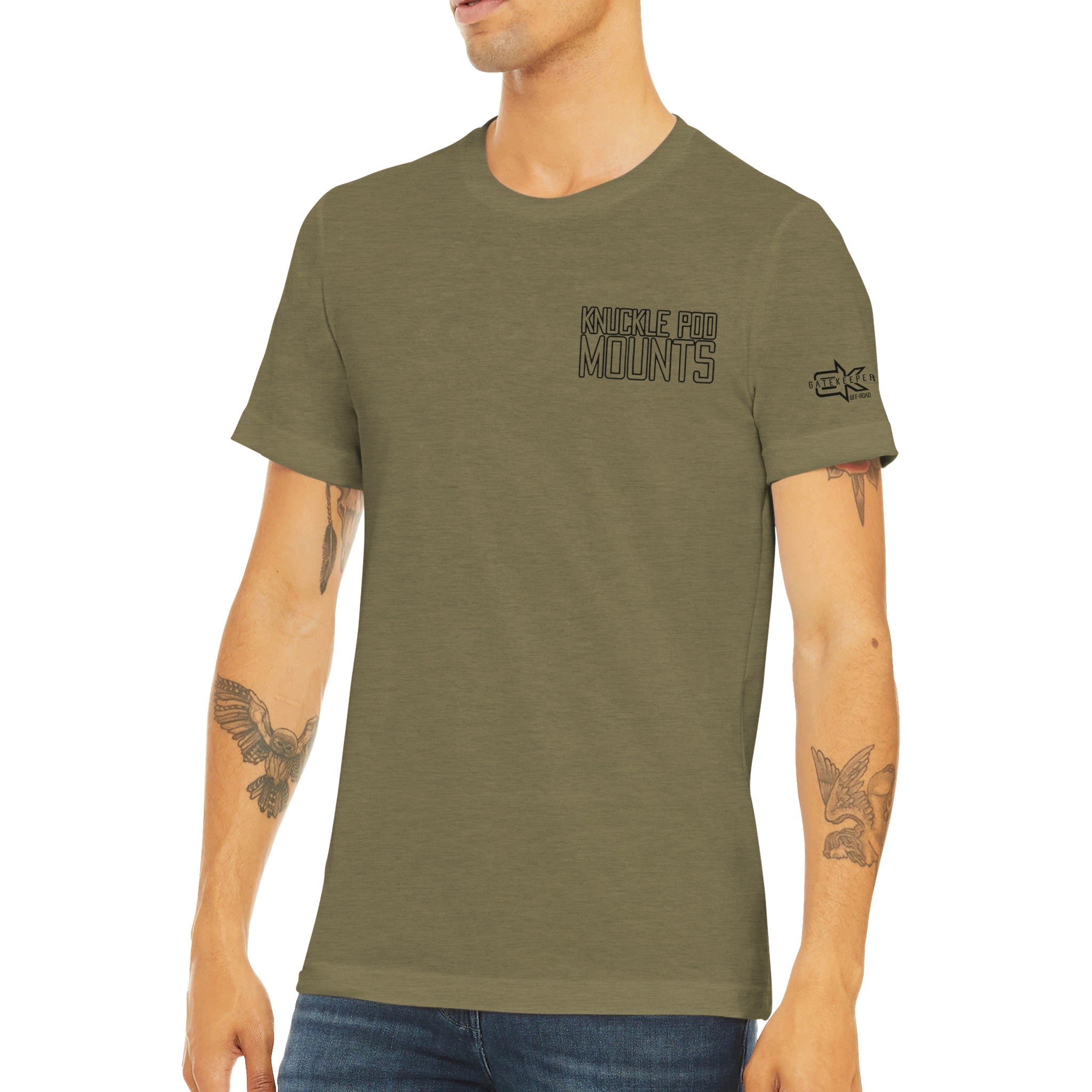 Olive green Knuckle Pod Mounts t-shirt for overlanding, worn by tattooed man