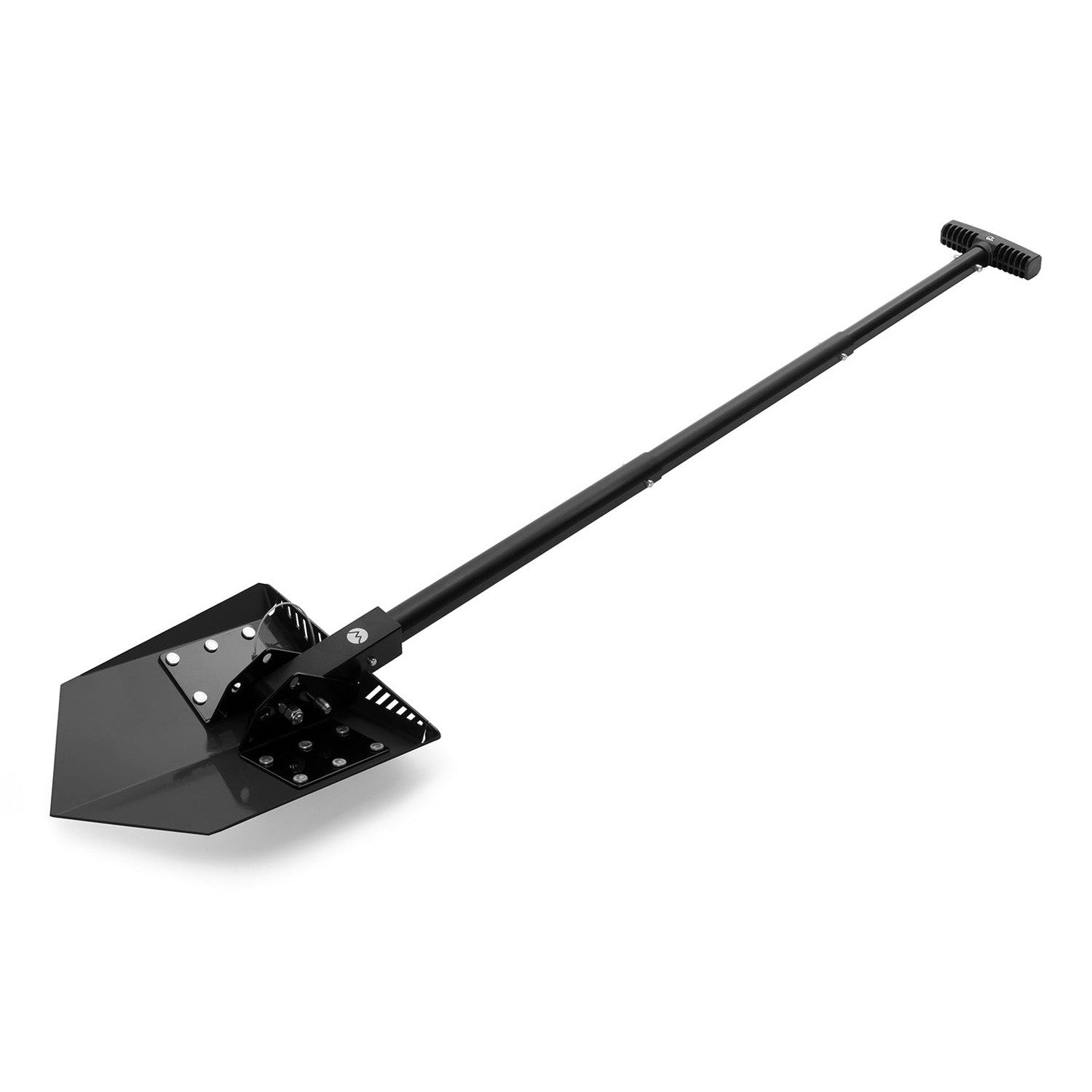 Black metal overlanding shovel with reinforced blade and ergonomic handle on white background