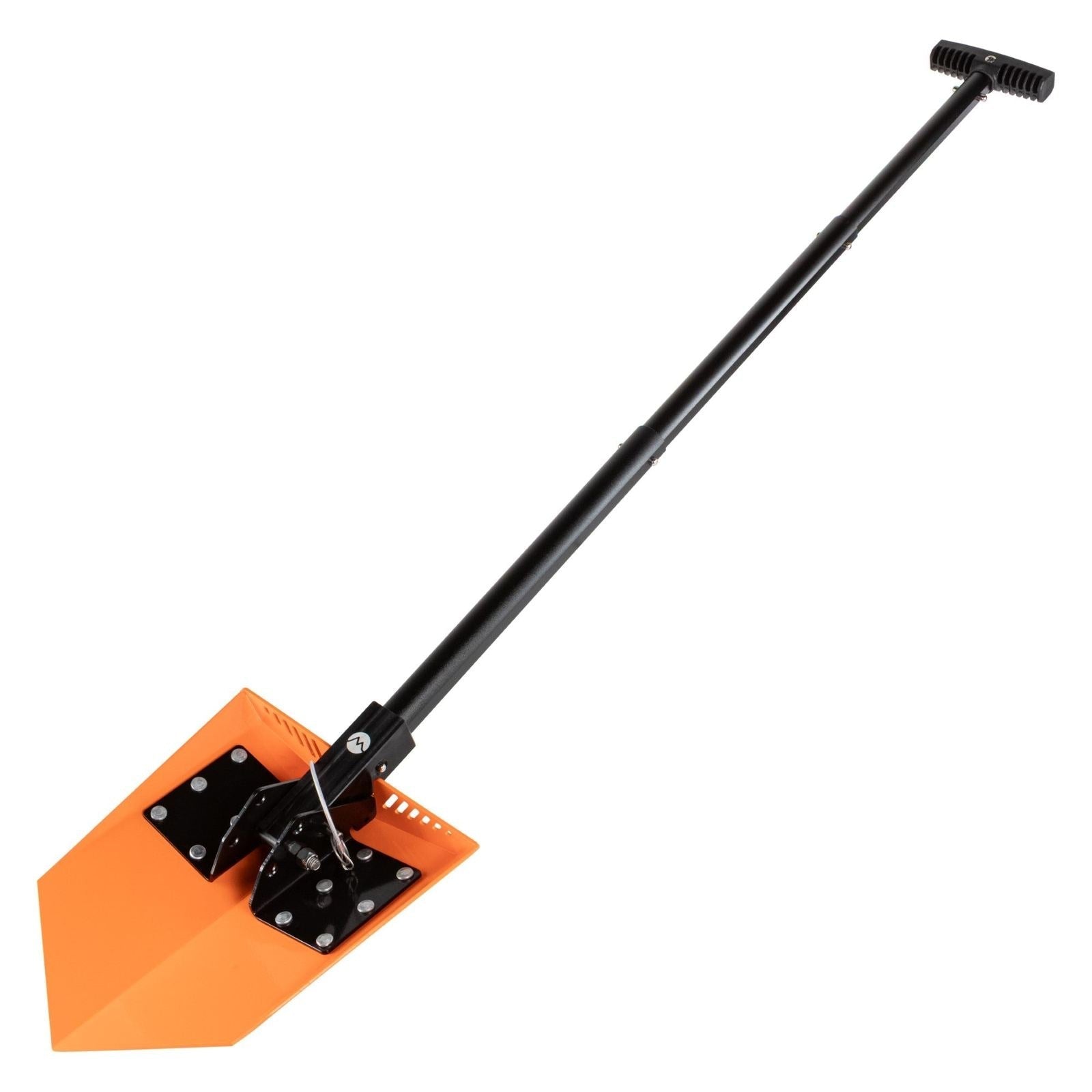 Heavy-duty signal orange overland shovel with reinforced black handle, camping gear
