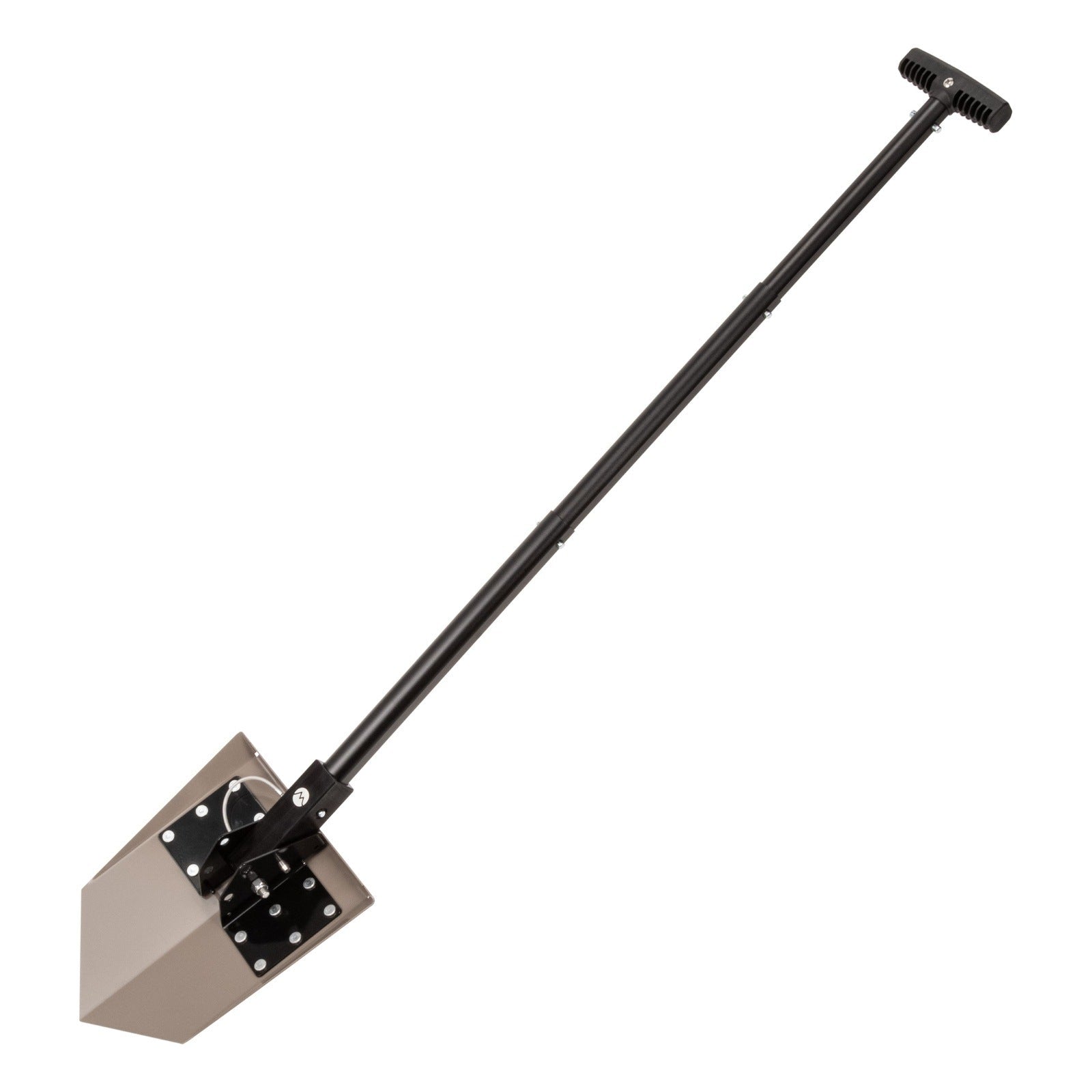 Flat dark earth overlanding shovel with pointed metal blade and sturdy black handle