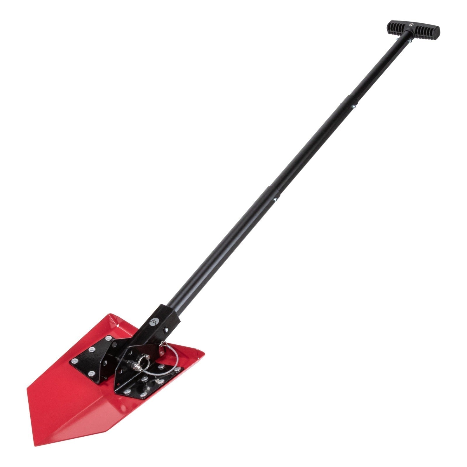 Red overlanding shovel tool with black handle for camping and expedition use