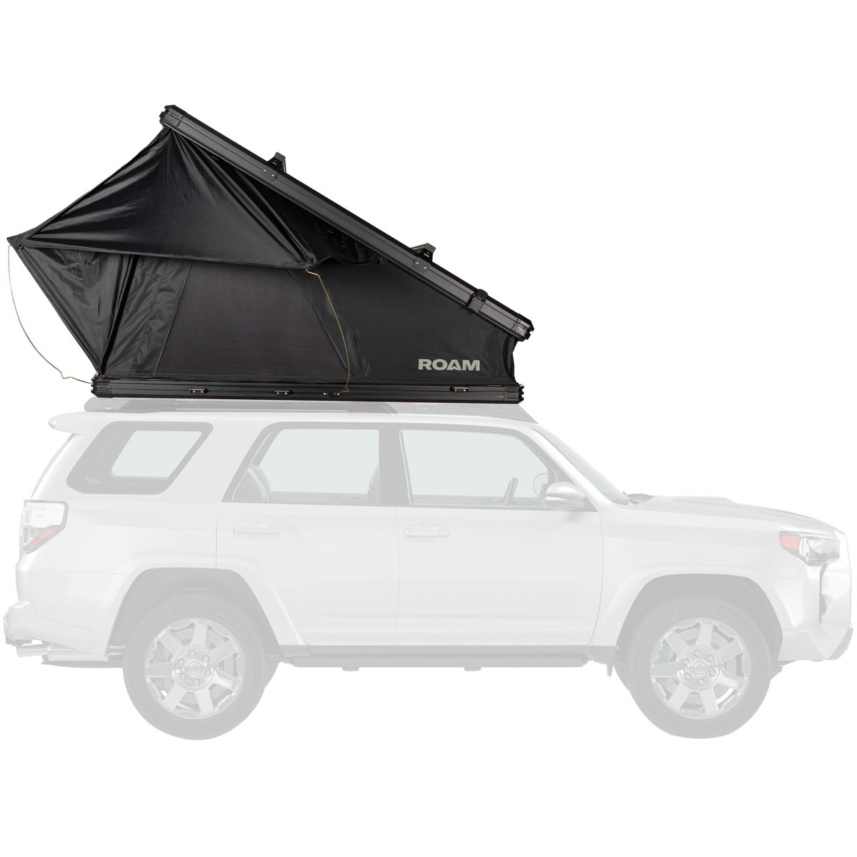 ROAM Adventure Co. Desperado hardshell rooftop tent open on top of a white Toyota 4Runner, side view