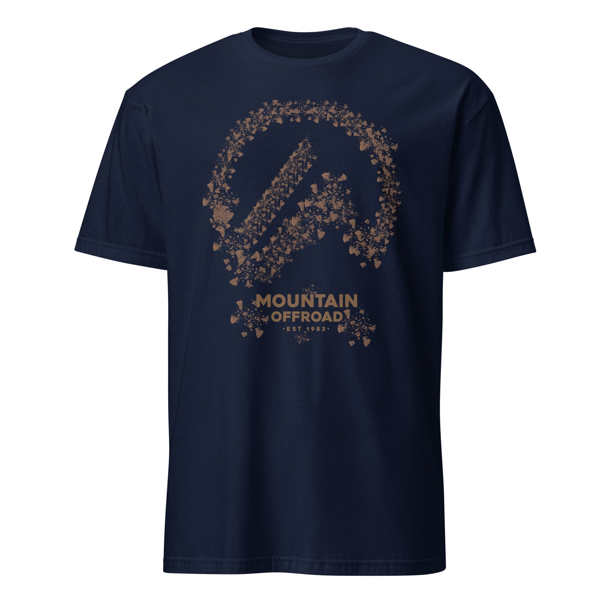 Navy blue t-shirt with brown mountain offroad dirt logo graphic, adventure apparel.
