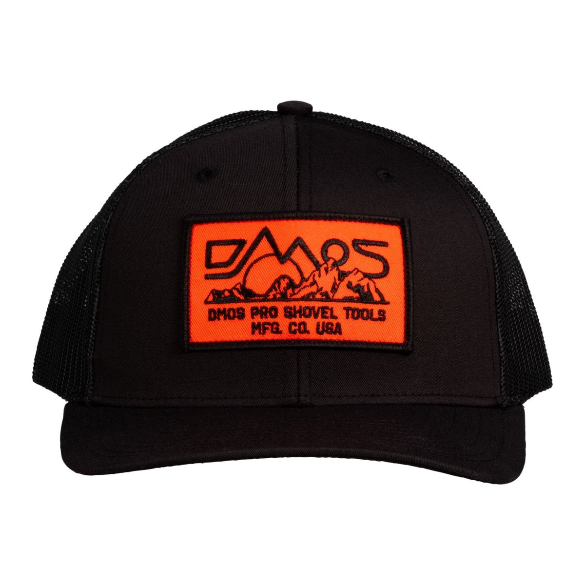 DMOS trucker hat 6 panel snapback with orange woven patch, universal fit