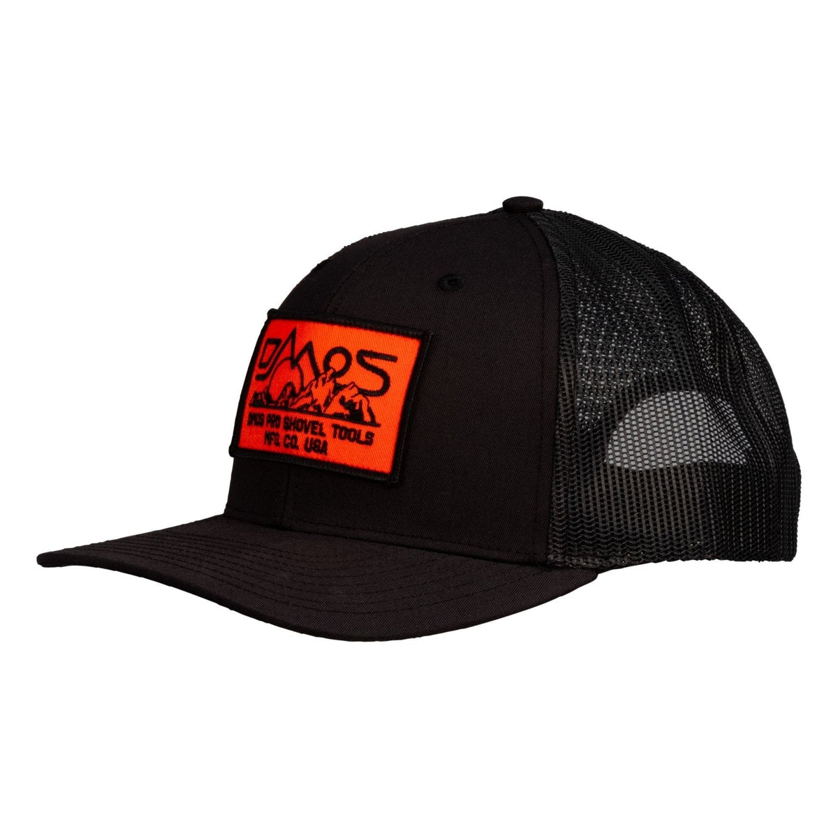 DMOS trucker hat 6 panel snapback with orange woven patch, universal fit