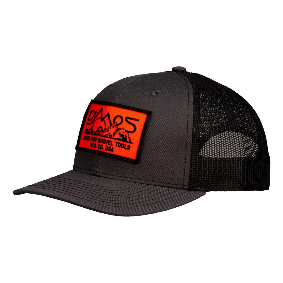 DMOS trucker hat 6 panel snapback with orange woven patch, universal fit