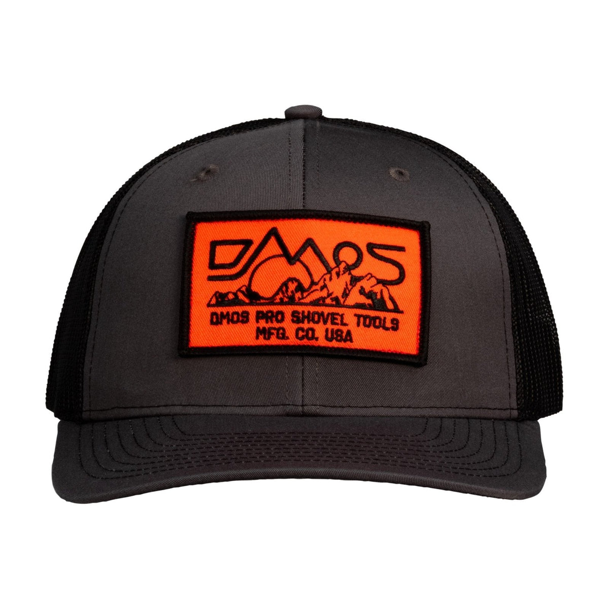 DMOS trucker hat 6 panel snapback with orange woven patch, universal fit
