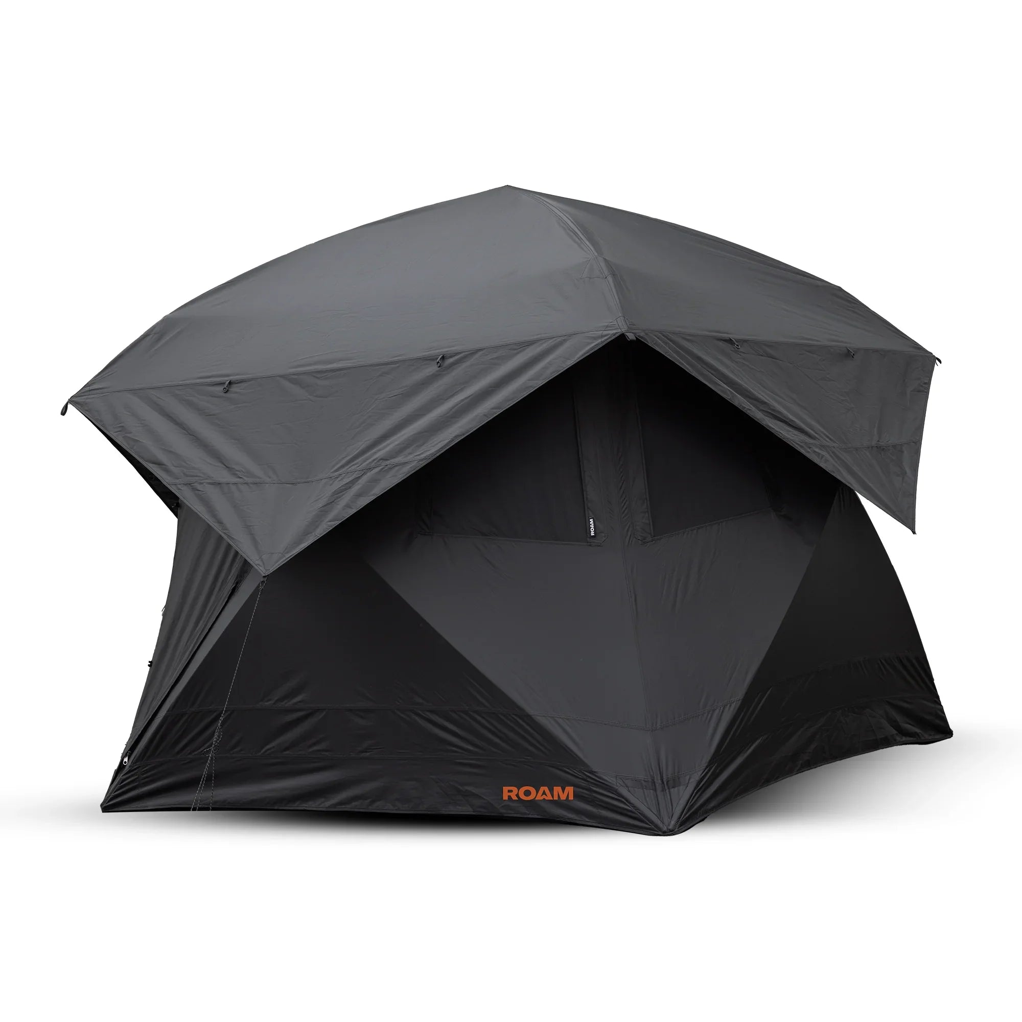 Black expedition camping tent with rainfly, large windows, angled sides, and ROAM logo