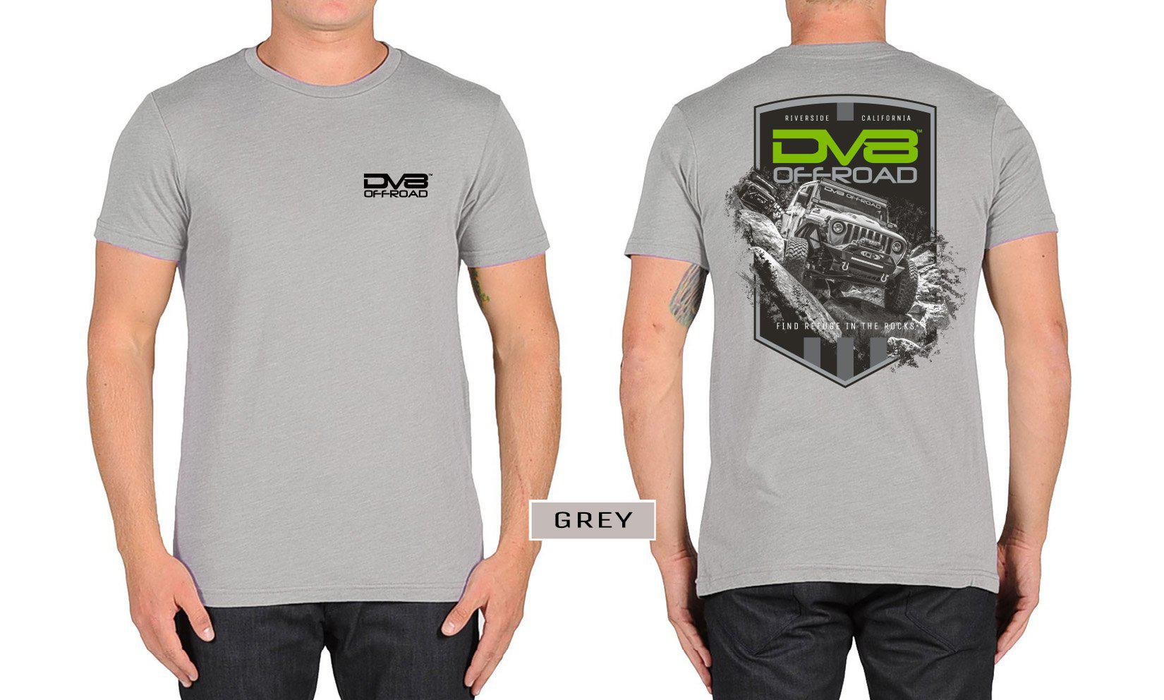Grey DV8 Offroad t-shirt with logo on front and a Jeep rock crawling graphic on the back