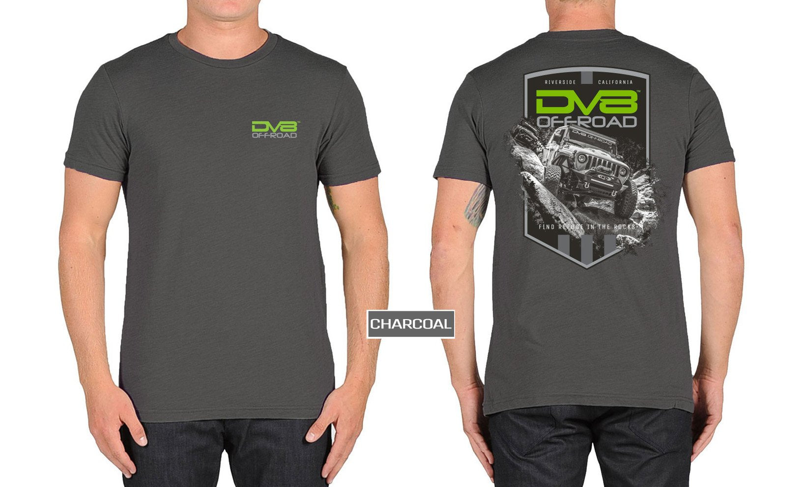 Charcoal off-road adventure t-shirt with DV8 logo and rock crawling graphic on back