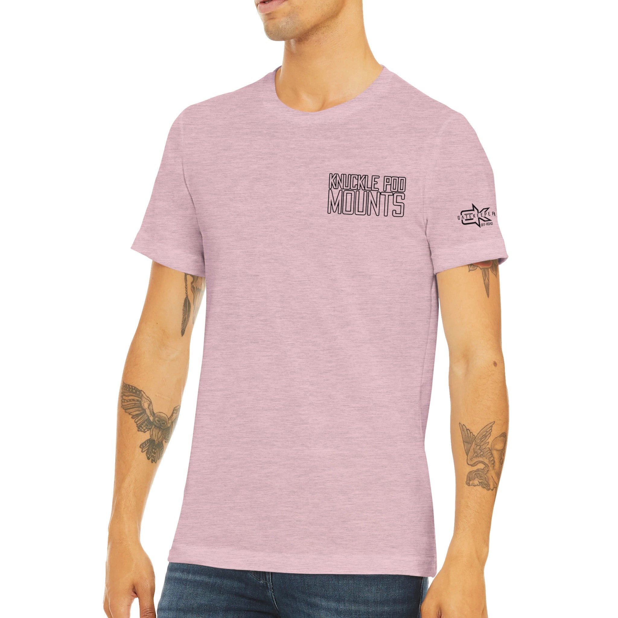 Man wearing light pink Knuckle Pod Mounts graphic t-shirt, casual adventure gear