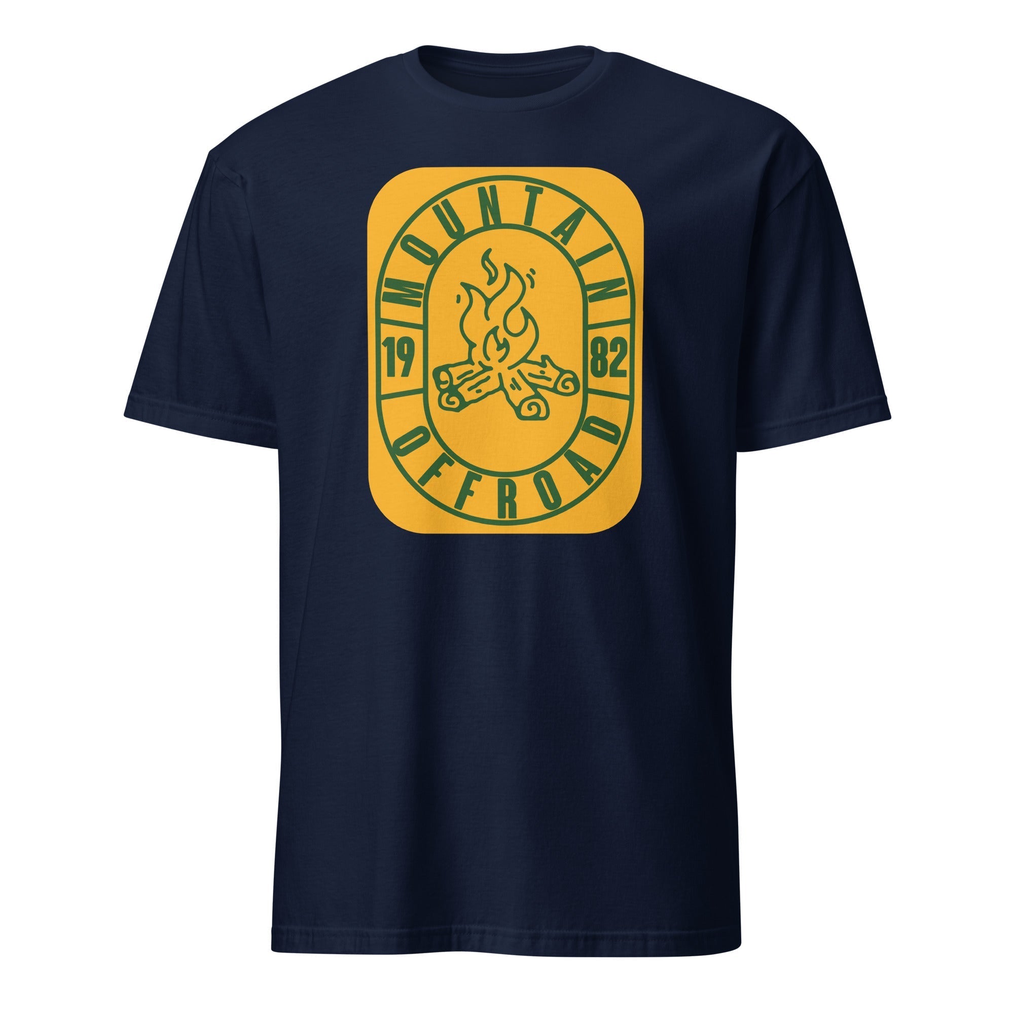 Navy blue t-shirt with yellow mountain offroad campfire graphic and 1982 text