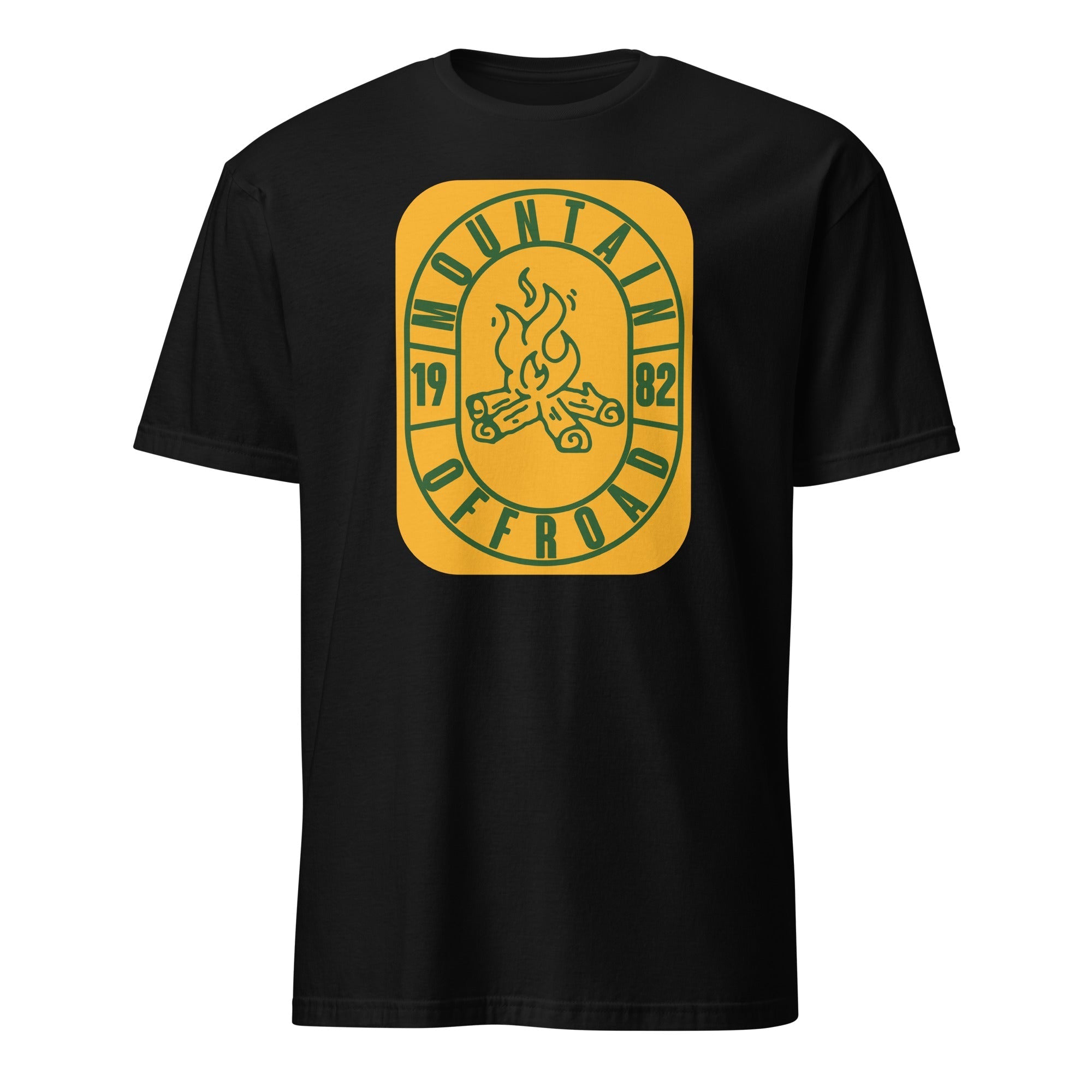 Black t-shirt featuring a yellow graphic with a campfire and 'Mountain Offroad 1982' text