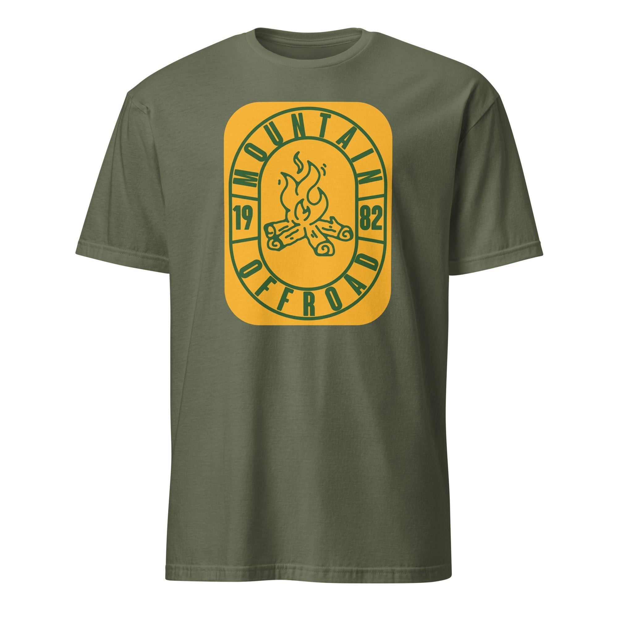 Olive green camping t-shirt with yellow campfire and 'Mountain Offroad 1982' graphic