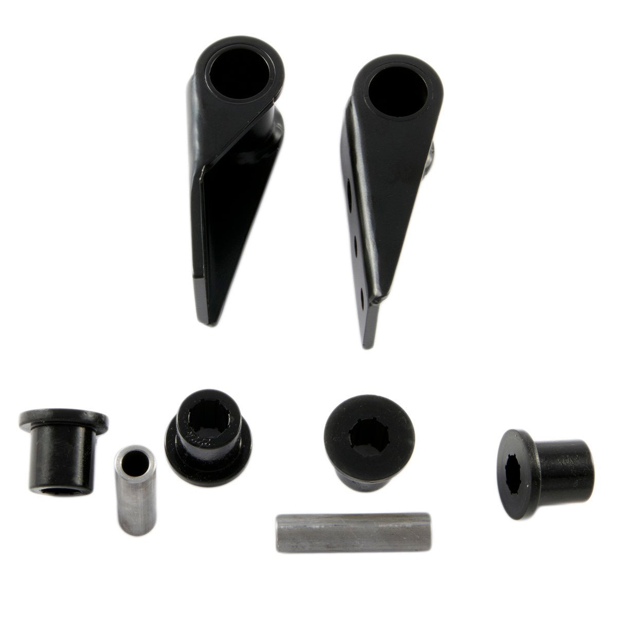 Front shackle hanger system with YJ bushings for Jeep CJ 1976-86, black metal parts laid out