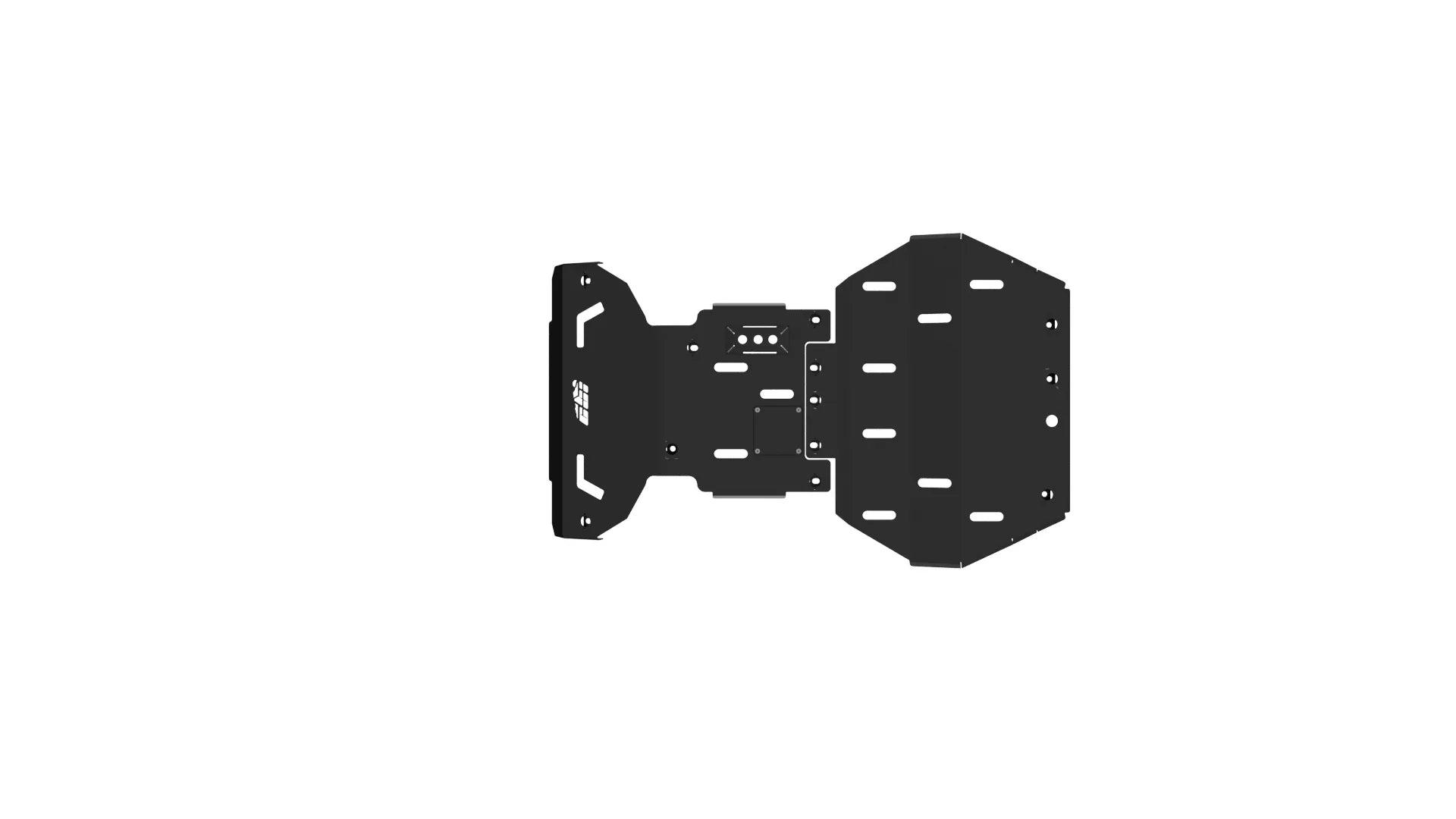 Black steel front transmission skid plate for off-road vehicle protection, top view