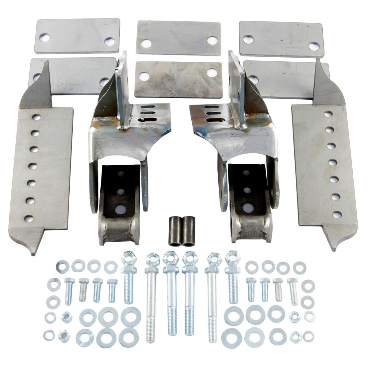Full-width axle shackle reversal kit with brackets, bolts, and hardware for Jeep CJ 1976-86
