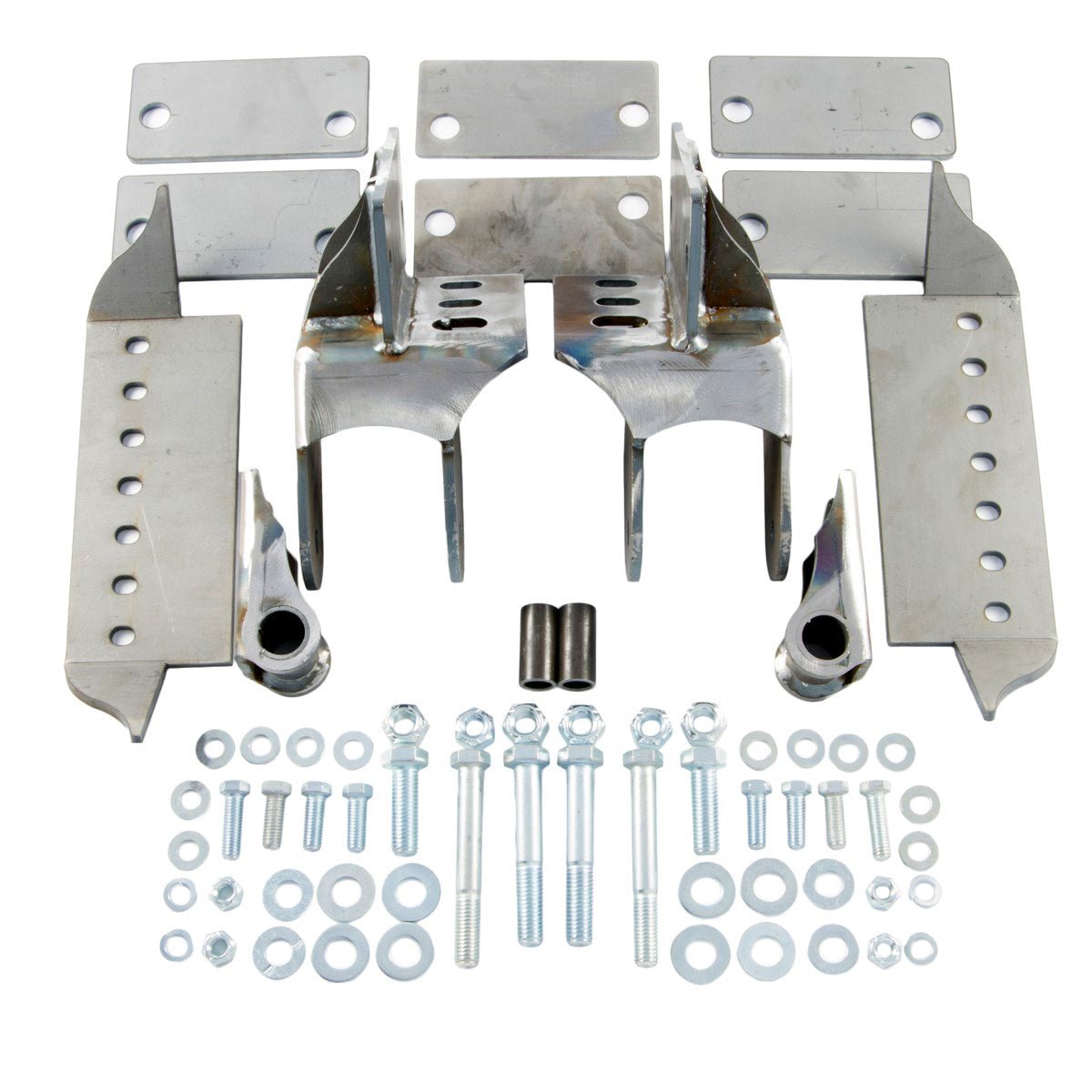 Full-width axle shackle reversal kit for Jeep CJ 1976-86 with steel brackets, bolts, washers