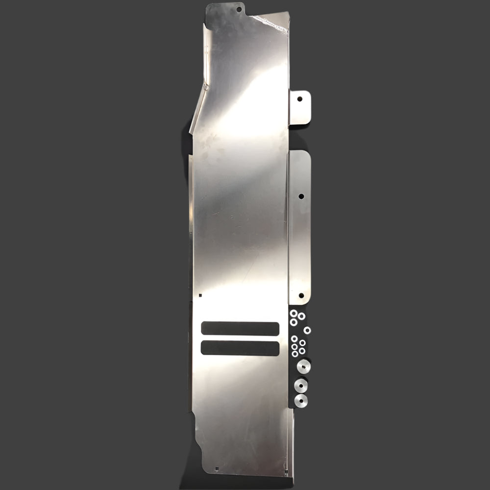 Aluminum gas tank skid plate with hardware for Jeep Gladiator JT 2020, on gray background.
